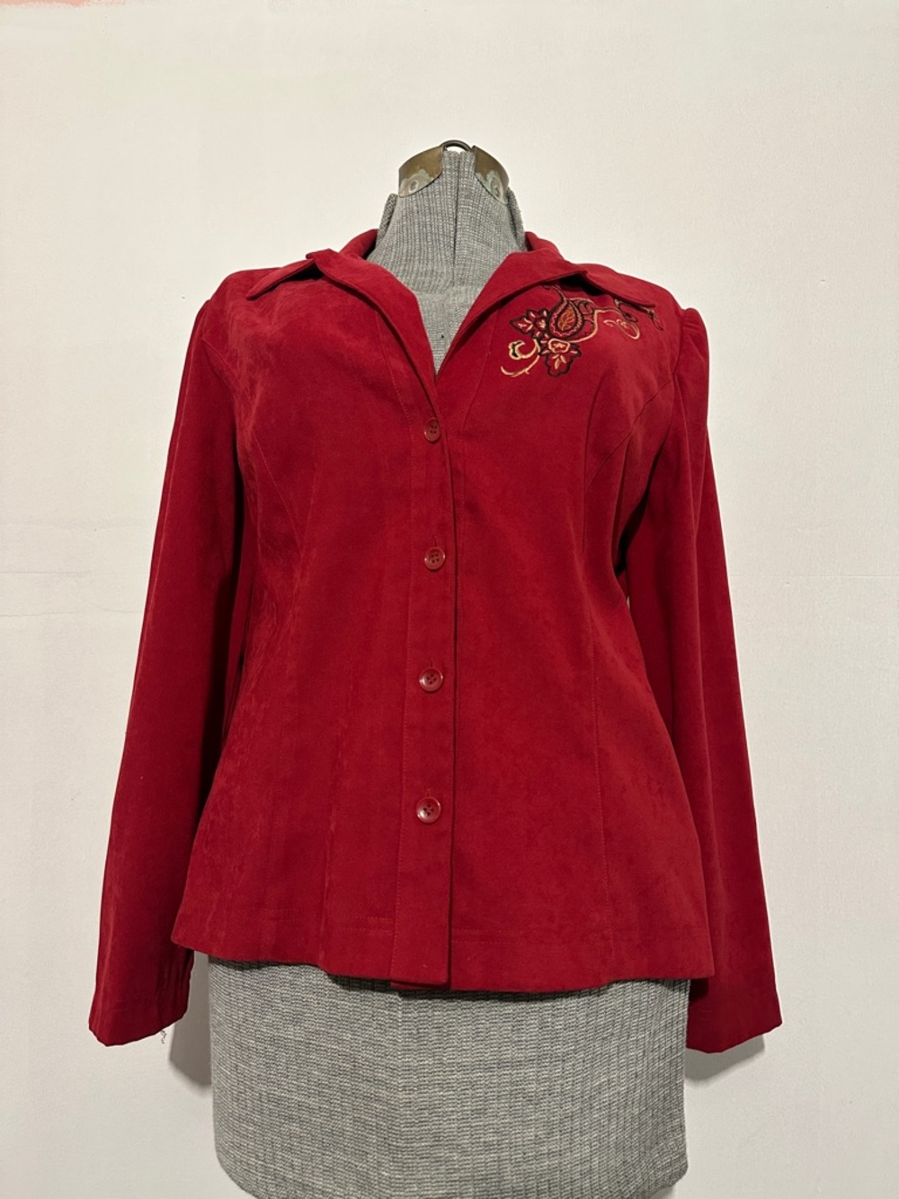 Studio I Deep Red Button-Up Blazer with Embroidered Accent
